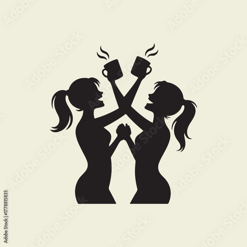 Silhouette of two women toasting with coffee cups friends