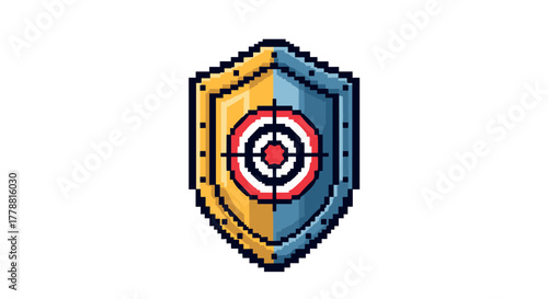 Pixel art shield with crosshair target design in blue and gold