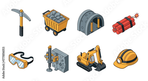 Mining equipment icons isometric tools and machinery for industrial projects