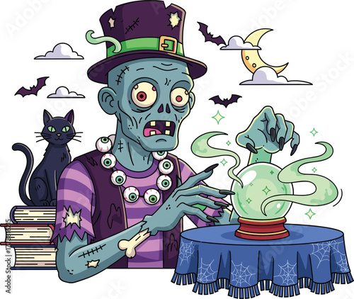 Zombie fortune teller with crystal ball, cartoon undead mystic, spooky Halloween character, horror magic scene, creepy fantasy illustration, mystical table setup