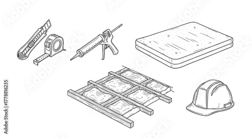Construction tools and materials sketch tape measure, insulation, hard hat, utility knife, caulking gun