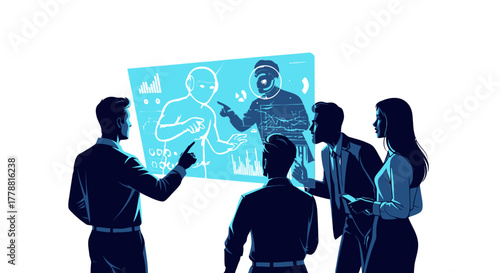 Dynamic team collaborates on AI-driven project using futuristic interface for innovative solutions and advanced technology, fostering teamwork and progress