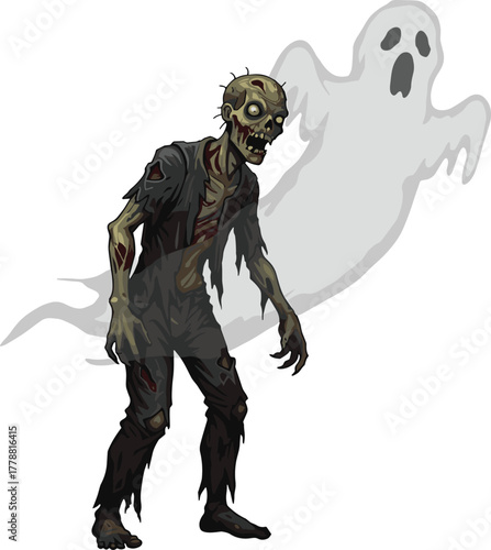 Zombie ghost character, horror fantasy vector, undead creature, exposed bones, tattered clothing, floating spirit, screaming ghost, spooky hybrid monster, supernatural theme, eerie design