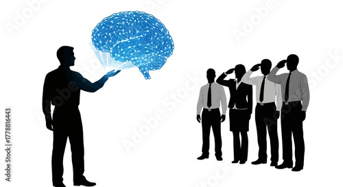 Innovative leader presenting brain power to team, inspiring dedication and high performance in a modern business environment, saluting success and vision