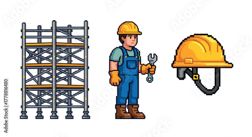 Pixel art construction set with worker, scaffold, and helmet elements
