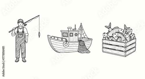 Hand drawn fishing elements with fisherman, boat, and crate of fish