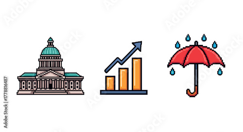 Pixel art icons featuring government building, financial growth chart, and red umbrella