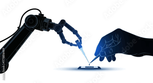 Robotic arm and human hand collaborating on advanced medical research, precision technology for pharmaceutical breakthroughs and scientific innovation