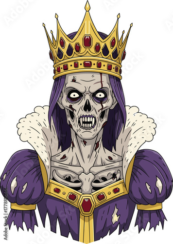Zombie king illustration, undead royal figure, horror skeleton art, decayed monarch concept, creepy crown character, eerie regal theme, mystical death portrait
