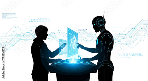 Futuristic collaboration featuring human and AI robot working together on advanced tech interface, highlighting innovation and technological advancement