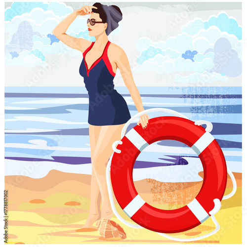 A woman and a life preserver on the beach in summer