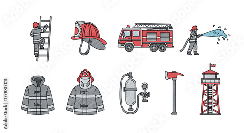 Firefighting equipment and personnel outlined in red and gray cartoon style