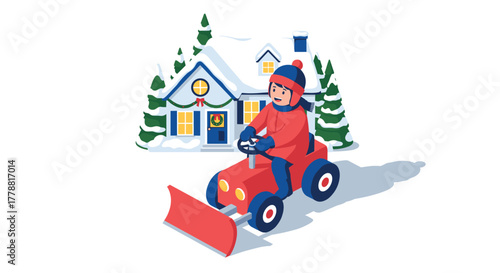 Winter fun kid on snowplow clearing snow near decorated house