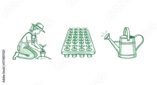 Gardening essentials planting, seed tray, and watering can in vintage style