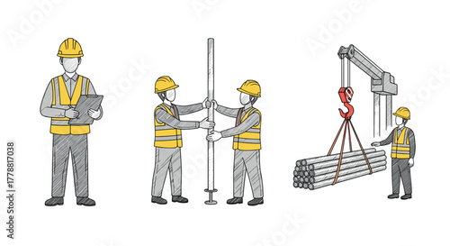 Construction workers in action sketch style teamwork on building site with heavy machinery
