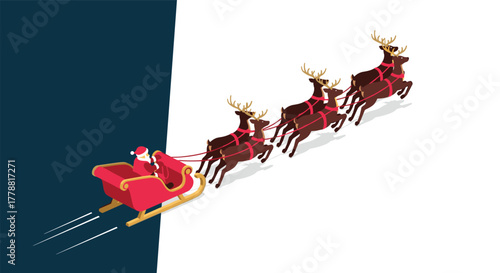 Santa claus in sleigh pulled by reindeer in isometric style on twotone background