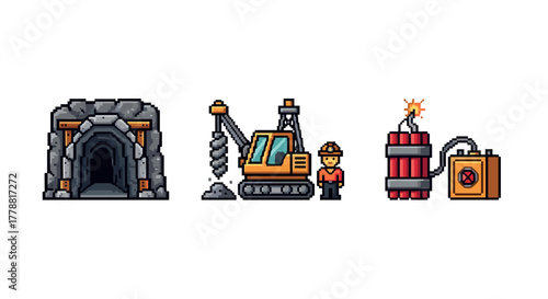 Classic pixel art mining set with tunnel, excavator, miner, and dynamite