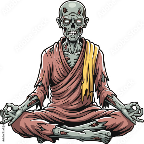 Zombie monk in meditation, undead spiritual figure, decayed skeleton pose, horror enlightenment concept, creepy yoga art, mystical death illustration, eerie peace theme