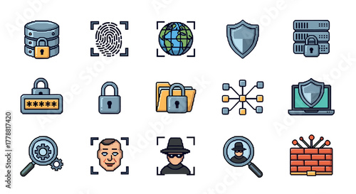 Cybersecurity and data protection icons in pixel art style