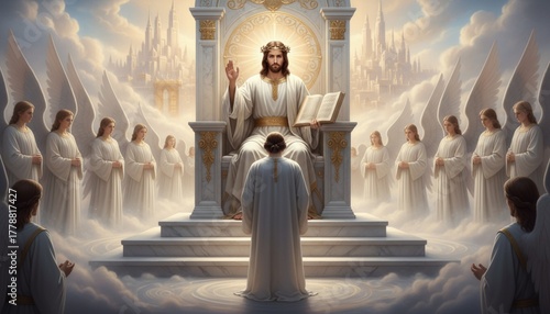 Jesus sits on the throne in heaven as a judge and there person in front of him in white garments.