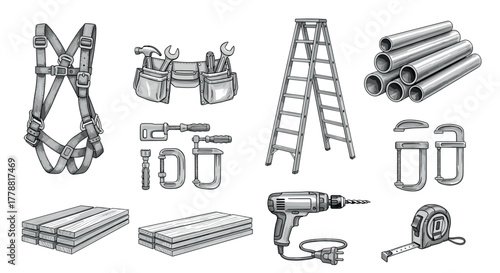 Set of hand drawn construction tools and equipment for builders and diy projects