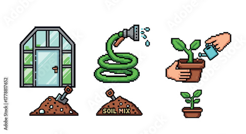 Pixel art gardening tools and plant care icons for digital design projects