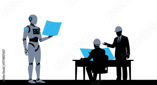 Futuristic construction project with robot and engineers collaborating on design plans, offering innovative solutions for modern building projects today
