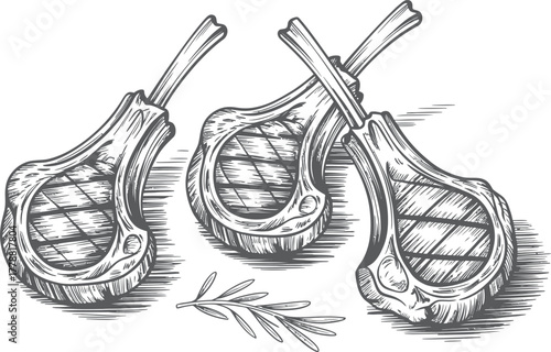 Hand-Drawn Grilled Meat Steaks Illustration, Barbecue Food Sketch, Vintage Culinary Design of Cooked Meal Concept