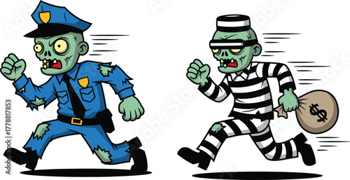 Zombie police chasing prisoner cartoon, horror action scene, Halloween undead characters, funny monster vector, dynamic running pose, criminal escape, isolated design