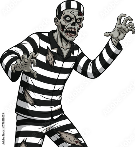 Zombie prisoner vector, creepy inmate character, horror jail theme, undead convict illustration, spooky striped uniform, scary escapee design, Halloween incarceration concept