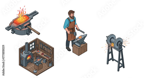 Isometric blacksmith workshop tools, furnace, anvil, and grinder with artisan