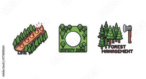 Pixel art fire management line defense, safety zone, and forest tools