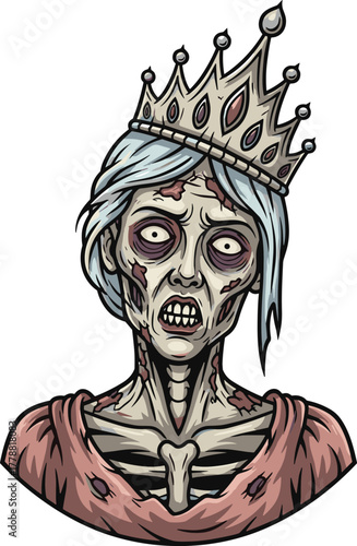 Zombie queen character illustration, undead royal female, horror crown design, decayed regal figure, creepy monarch art, eerie fantasy theme, gothic undead concept