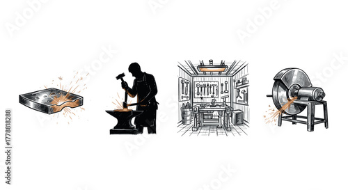 Blacksmith workshop anvil, hammer, forge, tools, grinder in handdrawn sketch style