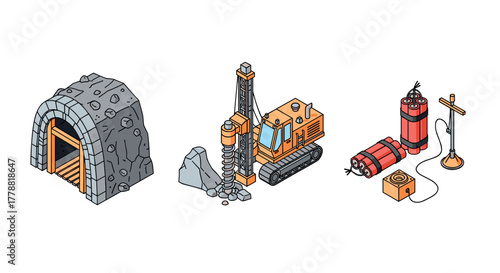 Isometric mining tools and equipment set featuring tunnel, drill machine, and explosives