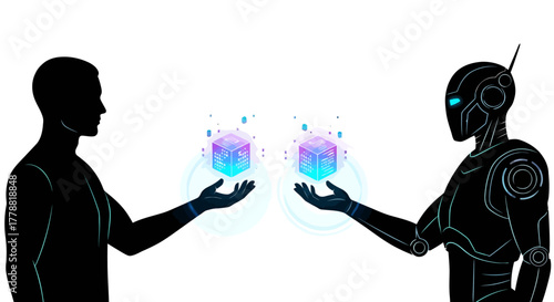 Futuristic collaboration between human and AI, exploring the metaverse and digital transformation with vibrant, modern technology and innovation