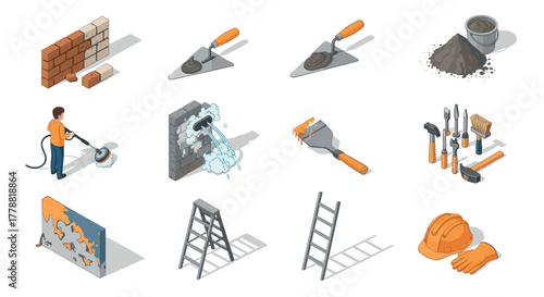 Isometric construction tools and safety equipment for home renovation projects