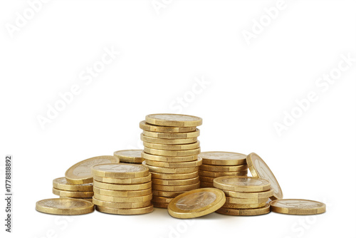 Piles of euro coins on white background