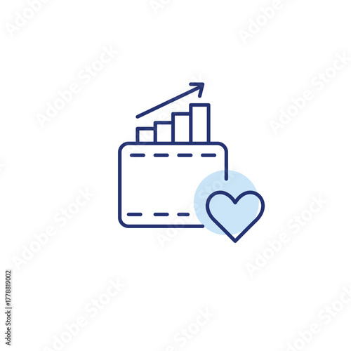 Wallet, growing chart and heart. Customer care, business and finances. Account management and savings. Pixel perfect, editable stroke vector icon