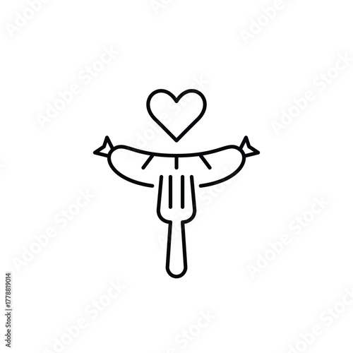 Sausage or hot dog on fork and heart. Great taste, comfort food and unhealthy dinner. Pixel perfect, editable stroke vector icon