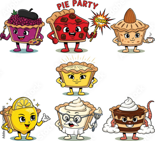Cute Funny Pie Characters Vector Set  Lemon, Chocolate, Buttermilk, Apple, Boysenberry, Possum, and Dessert Cartoon Illustration