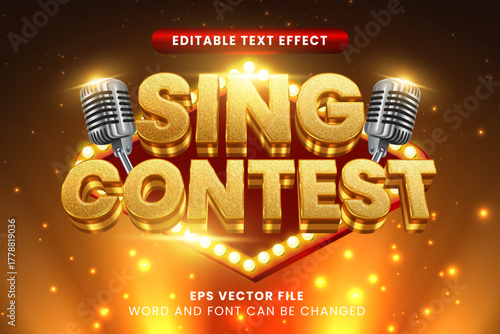 Singing contest luxury gold 3d editable vector text effect. Music entertainment text style