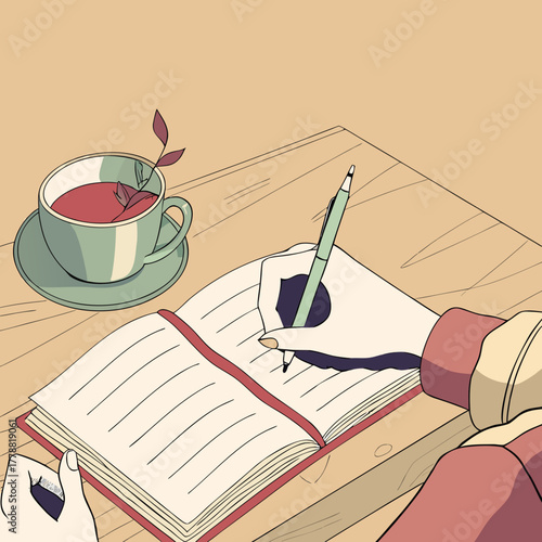 Person writing in notebook with green pen and tea on wooden table  