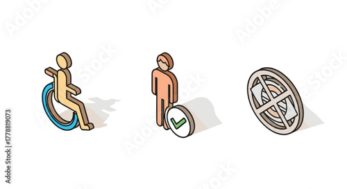 Isometric disability access and inclusion icons with 3d geometric design