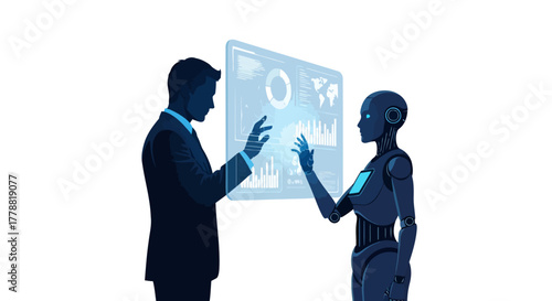 Futuristic collaboration with a human and robot analyzing data for business strategy and insights in a modern, innovative workspace environment