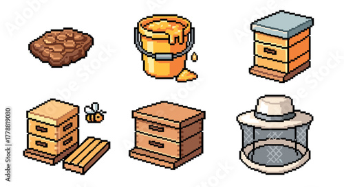 Pixel art beekeeping set with honeycomb, honey bucket, and bee box