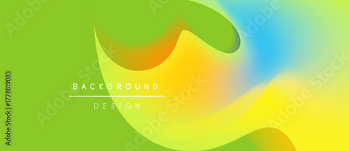 Abstract fluid shapes blend vibrant colors. Gradient design creates dynamic background, modern aesthetic. Text reads background design.