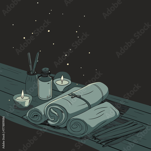 Spa accessories with rolled towels, candles, and essential oils  