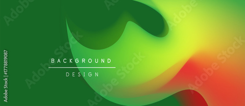 Abstract fluid shapes blend vibrant green, yellow, red hues. Modern design features text background, design. Smooth gradients create dynamic visual effect.