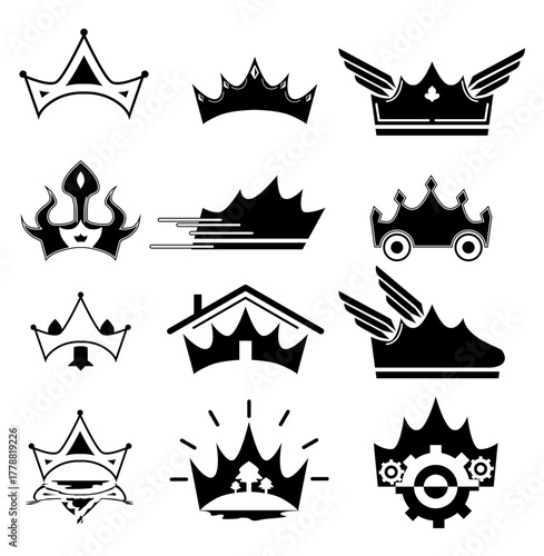 collection different crown sign, silhouette crown symbol